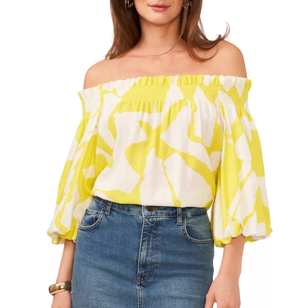 VINCE CAMUTO Printed Off-The-Shoulder Blouson-Sleeve Top